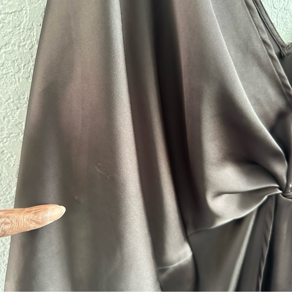 Pleione Chocolate Brown Satin Front Twist Blouse XL V Neck Dolman Sleeve - Picture 6 of 12